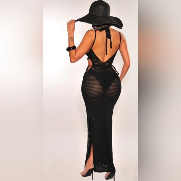 Black Crochet Halter Spaghetti Straps Cut Out Slit Swim Cover Up. Size M NWT - Picture 2 of 4
